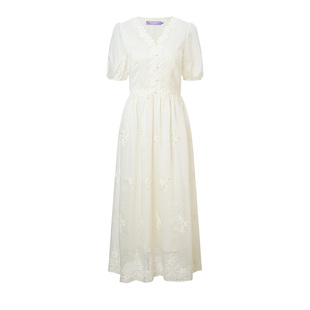 MAXRIENY春季连衣裙中长款2026年新款蕾丝短袖收腰V领米白色裙子