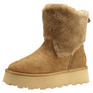 iiJin艾今25冬新品8cm超轻厚底内增高真皮羊毛中筒雪地靴女707PZA