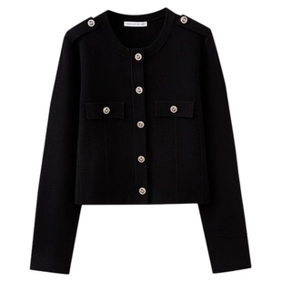 水云间黑色小香风短款外套女毛针织开衫长袖上衣正肩2025秋冬新款