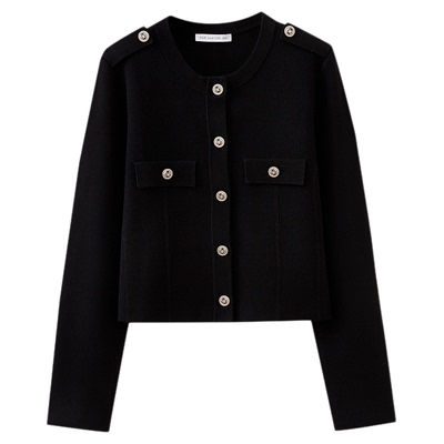 水云间黑色小香风短款外套女毛针织开衫长袖上衣正肩2025秋冬新款