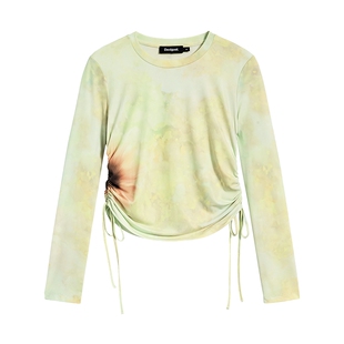 Desigual向日葵花卉印花双侧抽绳网纱长袖女士上衣T恤