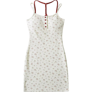 棉洋甜妹碎花显瘦碎花假两件吊带包臀短裙纯欲少女bm风美背连衣裙