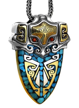 饕餮纹吊坠纯银盾牌绿松石个性款