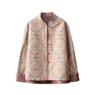 一丝牵双面穿100%桑蚕丝真丝宋锦提花开衫外套女国风中式立领上衣