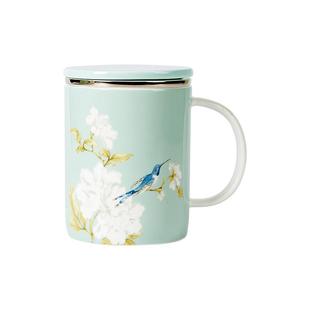 高淳陶瓷鹊登高枝带盖滤茶杯家用中式办公茶杯骨瓷水杯马克杯礼盒