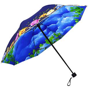 防紫外线黑胶遮阳伞女不透光防晒伞折叠插画双层太阳伞文艺晴雨伞