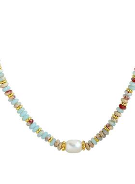 淡水珍珠寿山石彩色串珠拼接项链女淡水珍珠复古锁骨颈链叠戴链