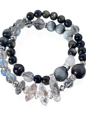 【银翼】新中式小众手链天然黑曜石闪灵钻黑发晶纯银原创设计男女