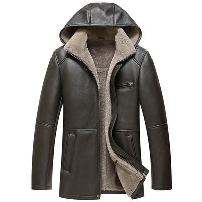 皮毛一体男装帽款羊毛真皮皮衣