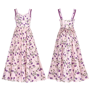 迷雾玫瑰丨一城风絮丨爱德华复古吊带苎麻印花蕾丝甜美连衣裙