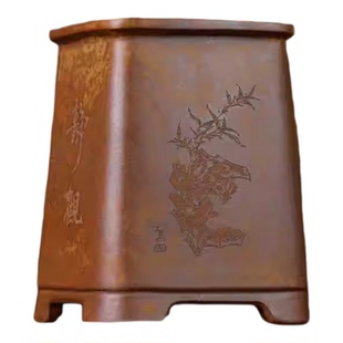 柴烧精品紫砂花盆桌面发财树兰花盆大号高端陶瓷手工刻绘古典特价