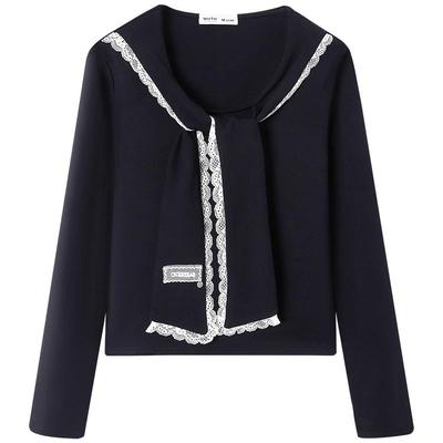 慕兔韩系蕾丝花边拼接长袖t恤