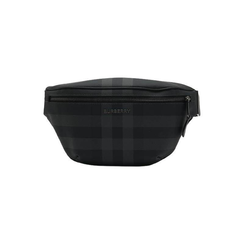【自营】BURBERRY/博柏利男士金属logo标识格纹拉链斜挎腰包胸包