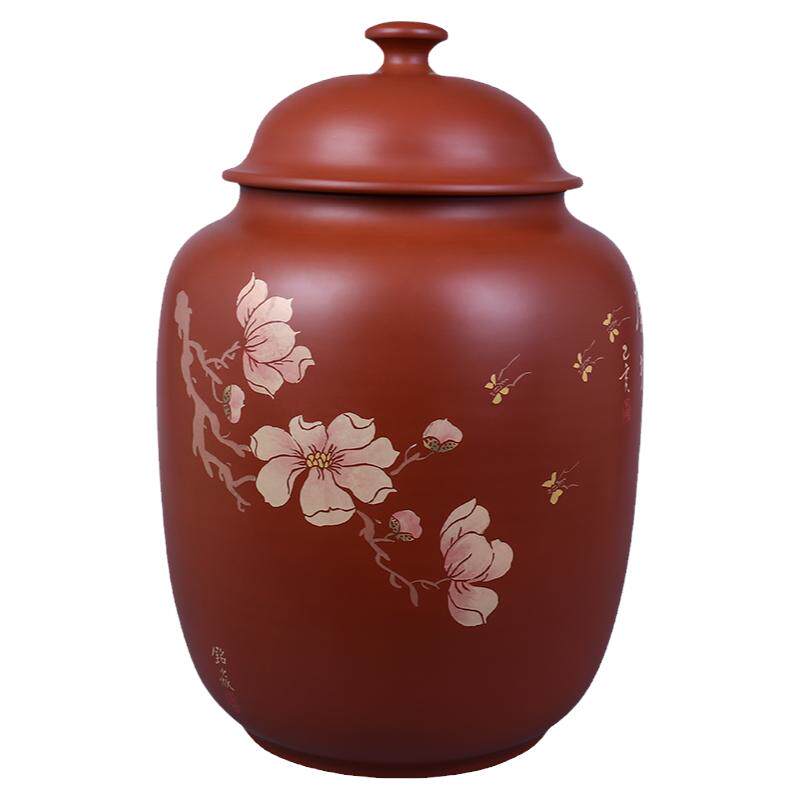 紫陶24饼红泥复烧多道彩填大茶缸