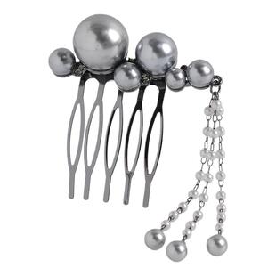 新中式复古珍珠流苏发梳汉服旗袍后脑勺盘发插梳新款金属发簪头饰