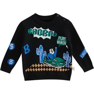 moomoo童装男中童原创提花毛衣秋季新款保暖潮流圆领时尚百搭上衣