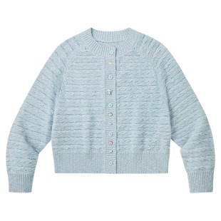 PSO Brand女装圆领宽松镂空上衣粉色针织开衫长袖休闲毛衣外套