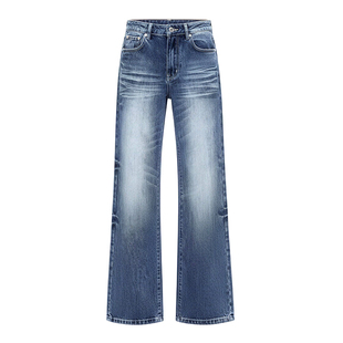 ECHOSTA水洗牛仔裤百搭蓝色日常韩系做旧设计微喇长裤设计感