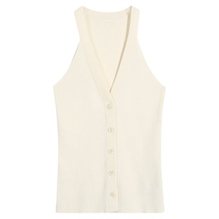 MULVAN 气质简约V领针织背心开衫女修身短款无袖马甲外穿吊带上衣