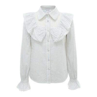 LULUALWAYS我爱露露新款温柔气质荷叶边纯棉竖条纹衬衫