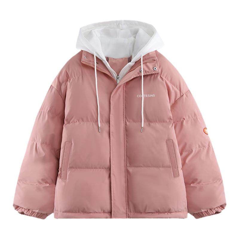 加厚假两件棉衣女宽松大码新短款学生情侣羽绒棉服冬季面包服外套