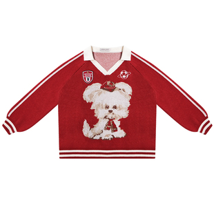 ziziFei秋冬美式复古设计感poloV领红色战袍圣诞运动风狗狗毛衣女