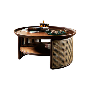 北欧圆茶几日式现代简约侘寂风复古原实木藤编圆形高级艺术感矮桌