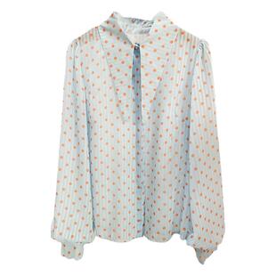 法式尖领波点雪纺衫减龄气质长袖衬衫女设计感泡泡袖上衣洋气小衫