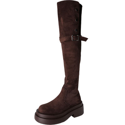 时尚百搭厚底长筒靴子女2025年秋冬季新款过膝骑士靴黑色长靴棕色