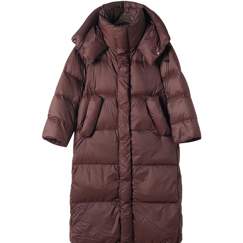 超长款过膝连帽大被子羽绒服女2025年冬季新款宽松直筒白鸭绒外套