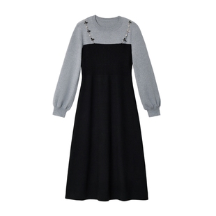 蓝语大码女装法式复古假两件针织连衣裙2025冬装新款收腰遮肉长裙