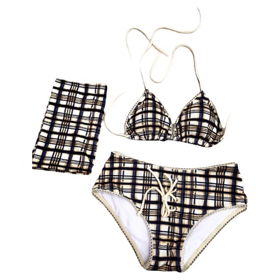 jennie同款小众美式辣妹性感复古格纹辣妹分体比基尼小胸温泉泳衣