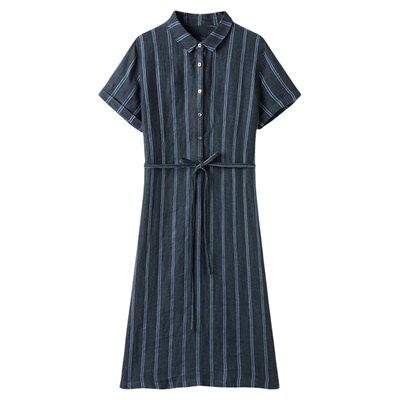 亚麻短袖连衣裙女宽松系带衬衫裙