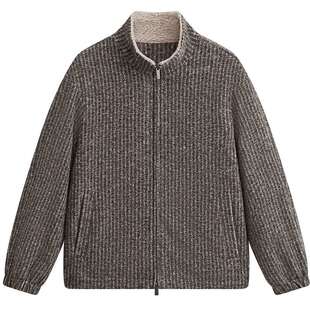 MODE COMMUTER | MC条纹复古毛呢厚实羊毛混纺立领短大衣