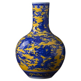 花瓶陶瓷青花瓷手绘天球 复古黄色斗彩装饰礼品摆件 客厅玄关台面