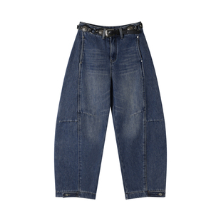 熙薇SIVI直筒弯刀牛仔裤女士拼接加绒秋冬设计款休闲水洗阔腿裤子