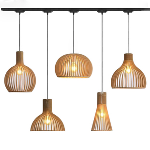 创意原木色床头吊灯北欧实木店铺餐厅吧台灯日式民宿极简轨道吊灯