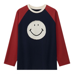 虾酱麻麻男童纯棉长袖t恤春装2026新款笑脸上衣儿童装插肩袖体恤