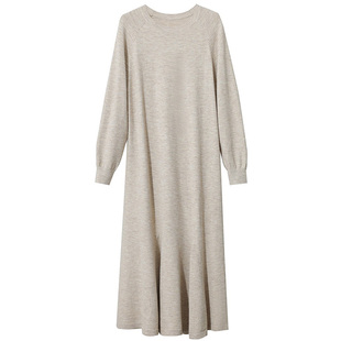 Amii极简荷叶边鱼尾裙摆针织连衣裙女秋冬宽松中长款内搭毛衣长裙