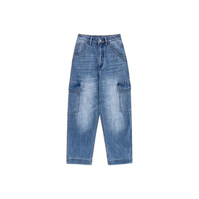 蓝色工装口袋牛仔裤女春季宽松