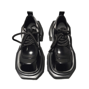 7CM增高~轻便厚底系带翘头德比鞋女真皮配堆堆袜小皮鞋深口乐福鞋