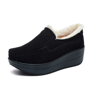 真皮加绒秋冬真皮一脚蹬松糕底软底棉鞋女鞋保暖妈妈单鞋女摇摇鞋