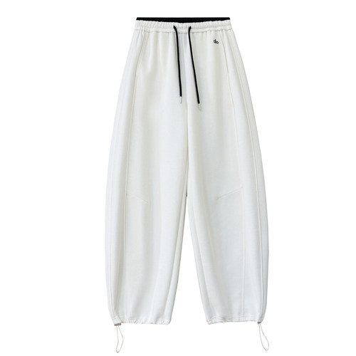 运动风字母刺绣抽绳弯刀裤2026春季撞色松紧腰侧缝拼接两穿卫裤女