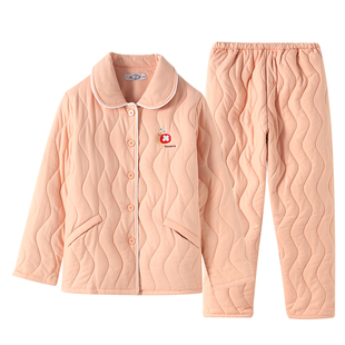 美标冬季新款三层夹棉纯棉睡衣套装保暖加厚全棉可外穿家居服女