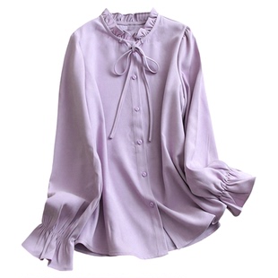 花边立领蝴蝶结系带喇叭袖宽松衬衫可配一整套刺绣马甲套装女Q762