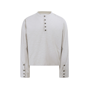 EchoForge丨竹节纹理亨利领条纹长袖做旧银扣刺绣秋冬短宽通勤