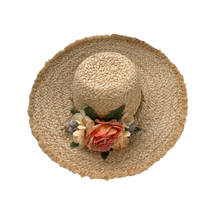 法式甜美花朵编织拉菲草帽女夏海边沙滩度假渔夫帽大帽檐遮阳帽子