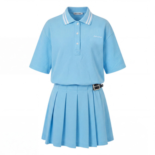 LEDIM WANG夏日休闲POLO连衣裙女蓝色皮带修身百褶裙短裙26夏新款