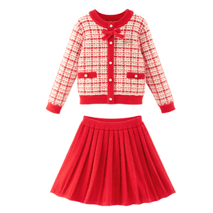 女童套装儿童红色毛衣裙子拜年服2025秋冬新款小香风半身裙新年装