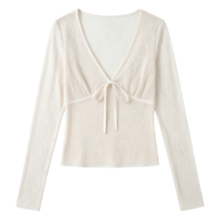 2026春秋季韩系交叉v领蕾丝上衣纯欲打底衫皮草内搭辣妹长袖T恤女